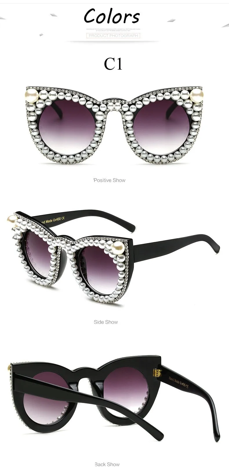 Women's Trendy Fashion Crystal Pearl Oversize Cat Eyes Sunglasses