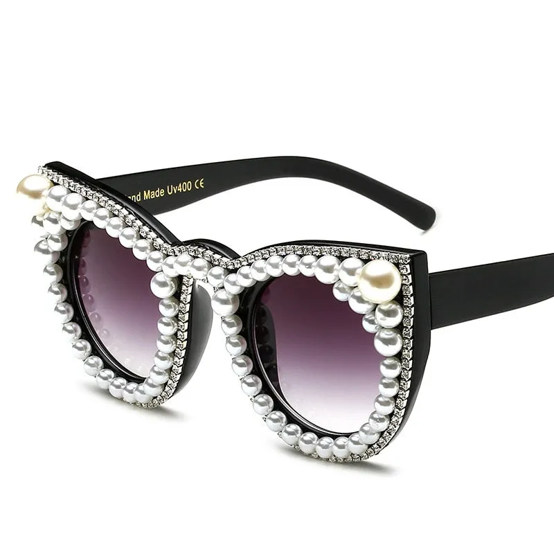 Women's Trendy Fashion Crystal Pearl Oversize Cat Eyes Sunglasses