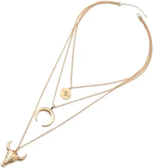 Women's Vintage Western Layered Necklaces Evil Eye Bull Head Crescent Moon Layered Necklace Boho Cowboy Cowgirl Geometric Pendant Chain Necklace Fashion Pendant Necklace Jewelry for Women